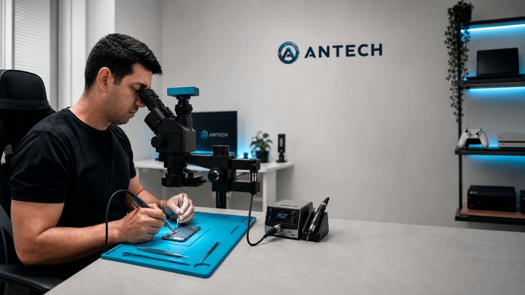 Técnico de ANTECH reparando un móvil bajo microscopio en taller profesional
